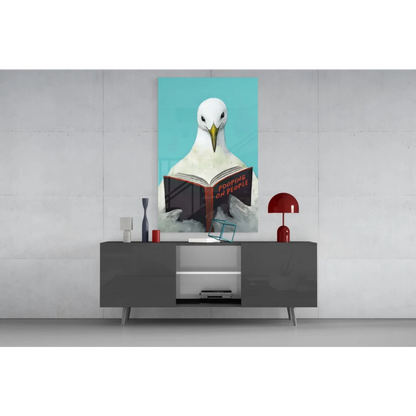 Funny seagull reading Pooping on People book glass wall art canvas print