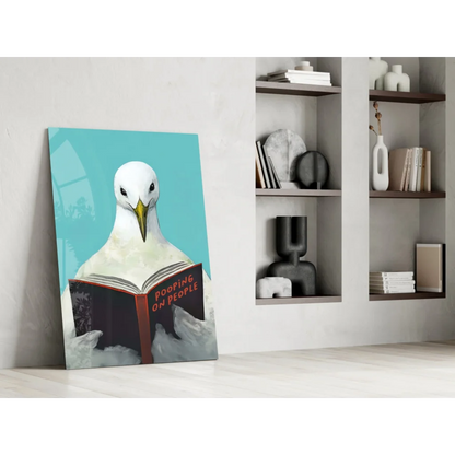 Funny seagull reading Pooping on People book on glass wall art canvas print