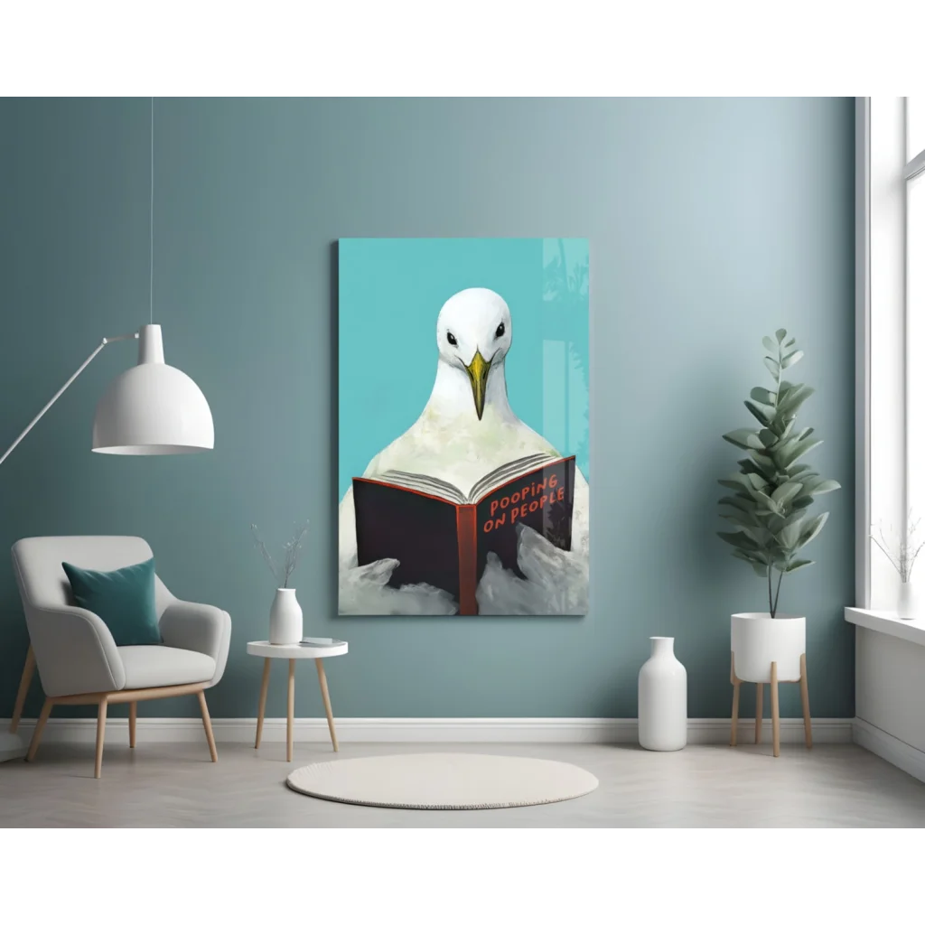 Funny seagull reading Pooping on People book on glass wall art canvas