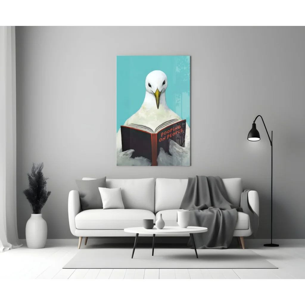 Whimsical seagull reading Pooping on People book on glass wall art