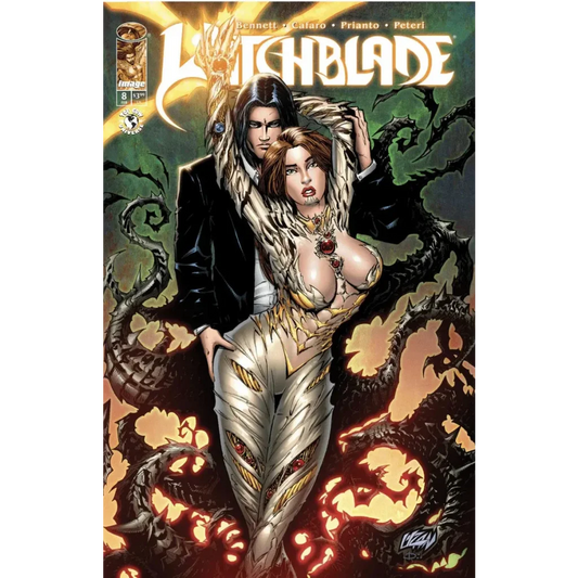 Witchblade #8 east coast comics exclusive featuring a woman in a metallic gold and silver gown with red gems by franck uzan