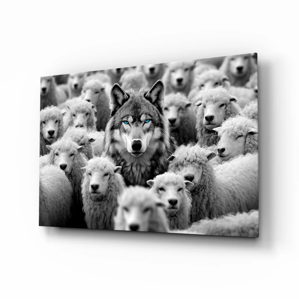 Lone wolf with piercing blue eyes in sheep flock, black-and-white wall art canvas