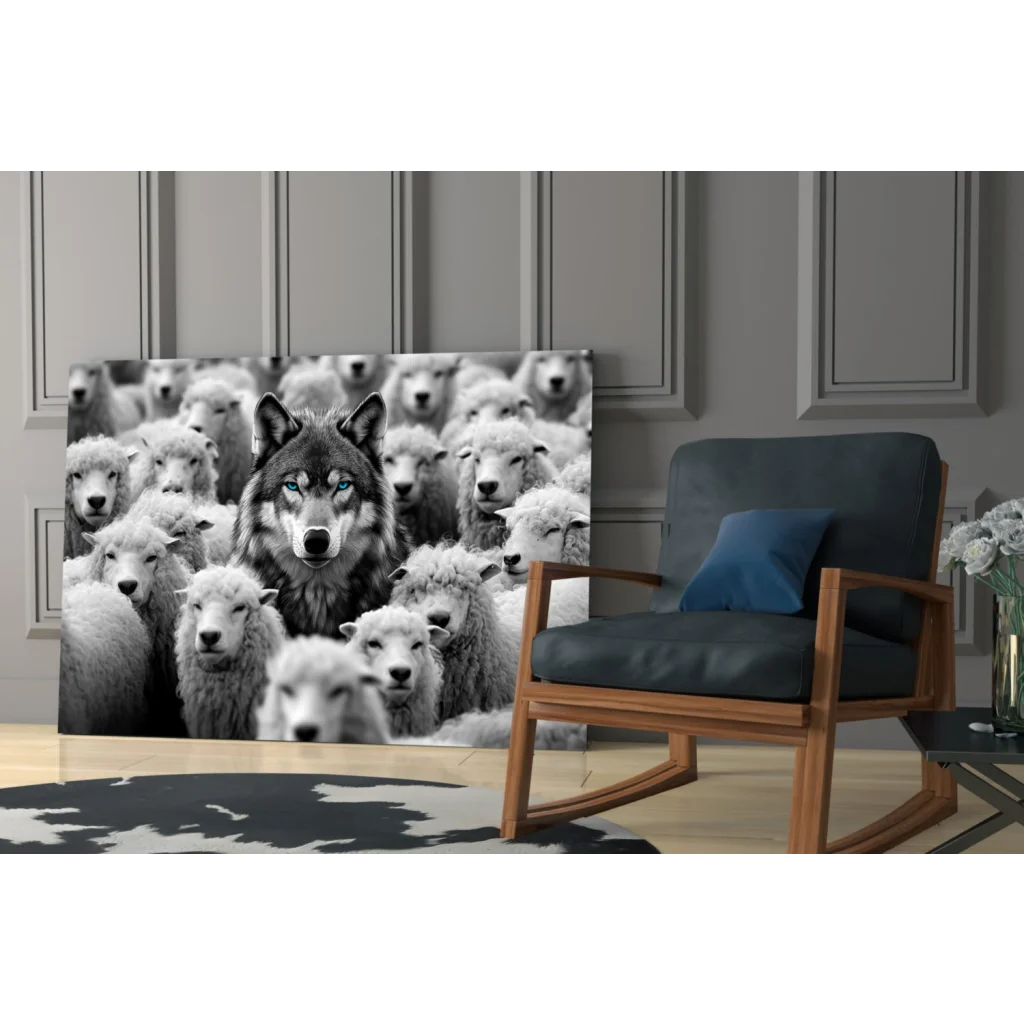 Black and white wolf with piercing blue eyes among sheep canvas wall art