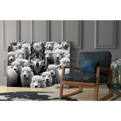 Black and white wolf with piercing blue eyes among sheep canvas wall art