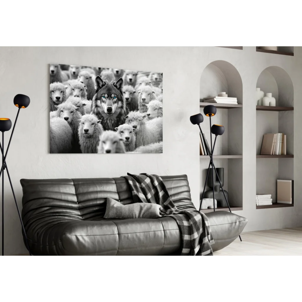 Black-and-white wolf with piercing blue eyes among sheep wall art canvas print