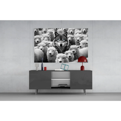 Striking black-and-white wolf with piercing blue eyes among sheep wall art