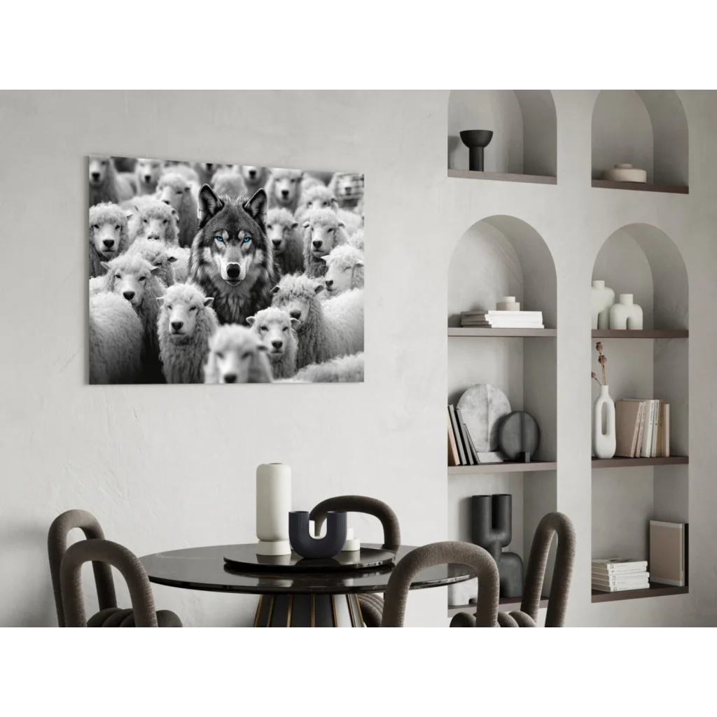 Black-and-white wolf with piercing blue eyes among sheep canvas wall art