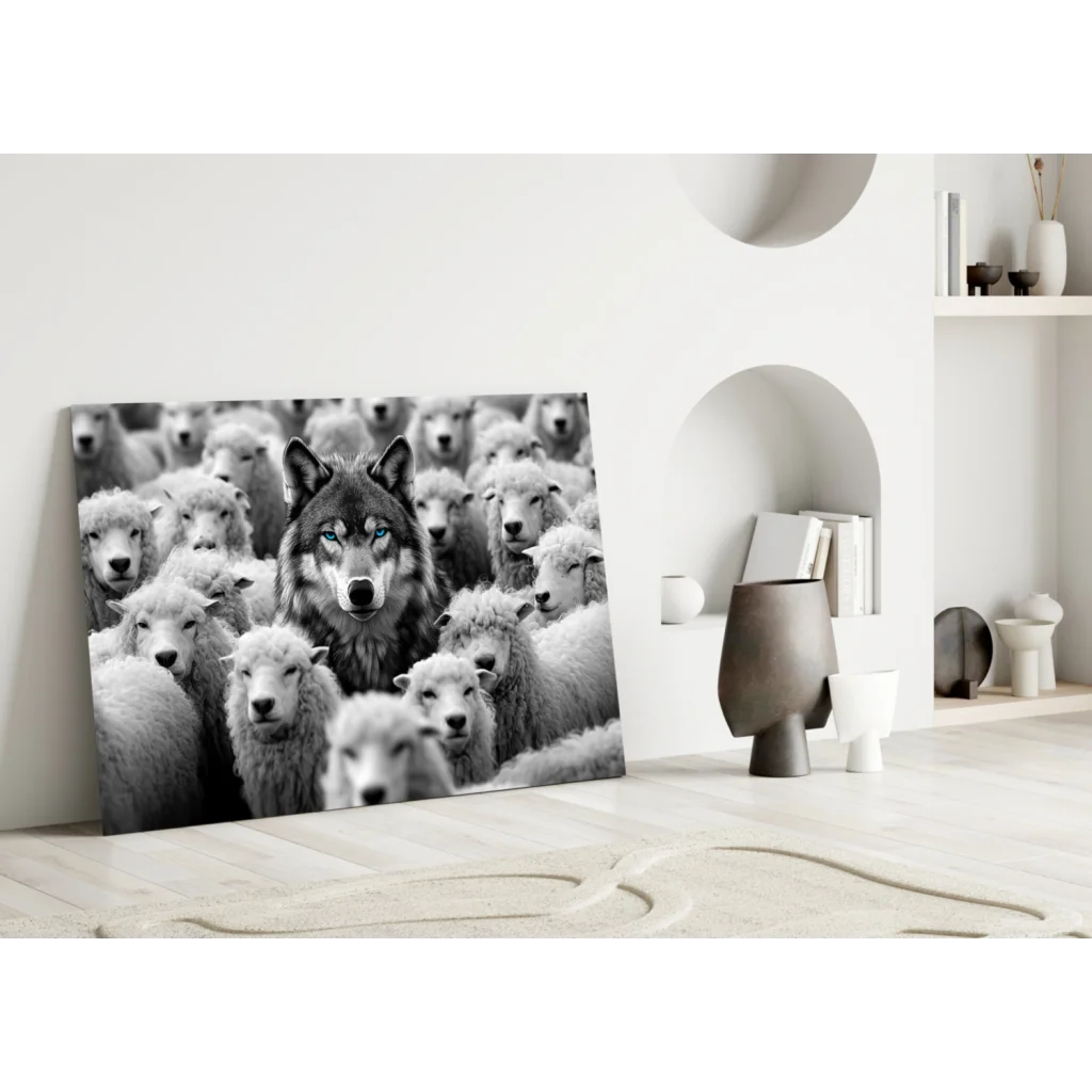 Black-and-white wolf with piercing blue eyes among sheep canvas wall art