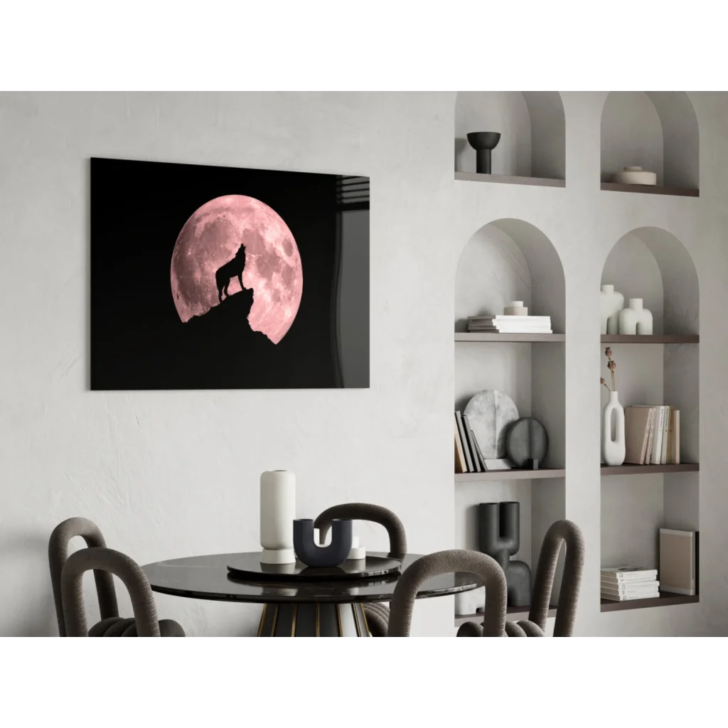 Sleek black-framed howling wolf silhouette canvas wall art under pink moon