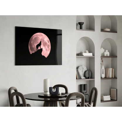 Sleek black-framed howling wolf silhouette canvas wall art under pink moon