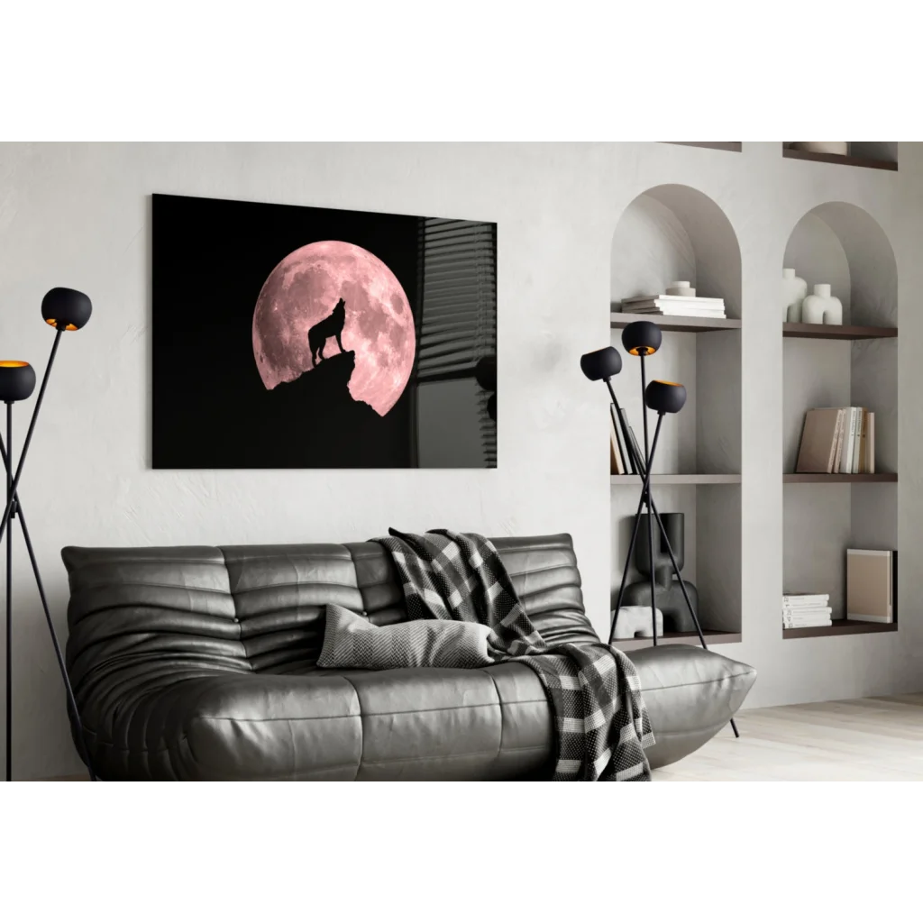 Black-framed howling wolf silhouette canvas wall art with pink moon