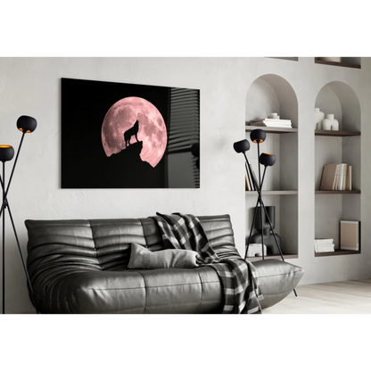 Black-framed howling wolf silhouette canvas wall art with pink moon