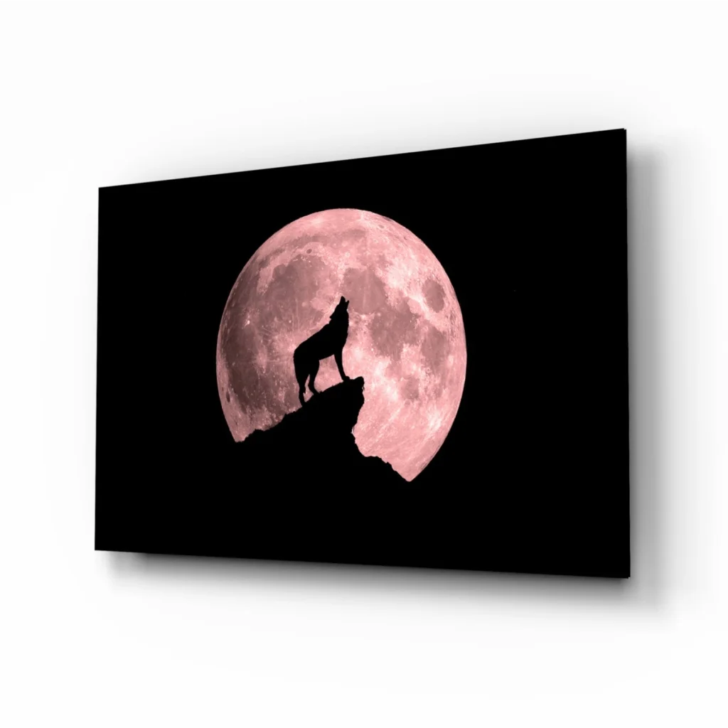 Black howling wolf silhouette on pink moon canvas wall art