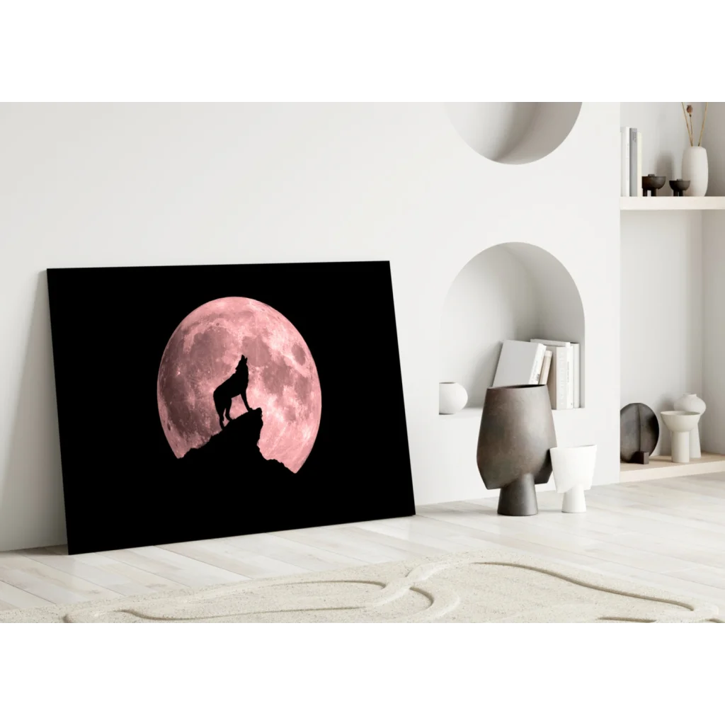 Black howling wolf silhouette on pink moon canvas wall art