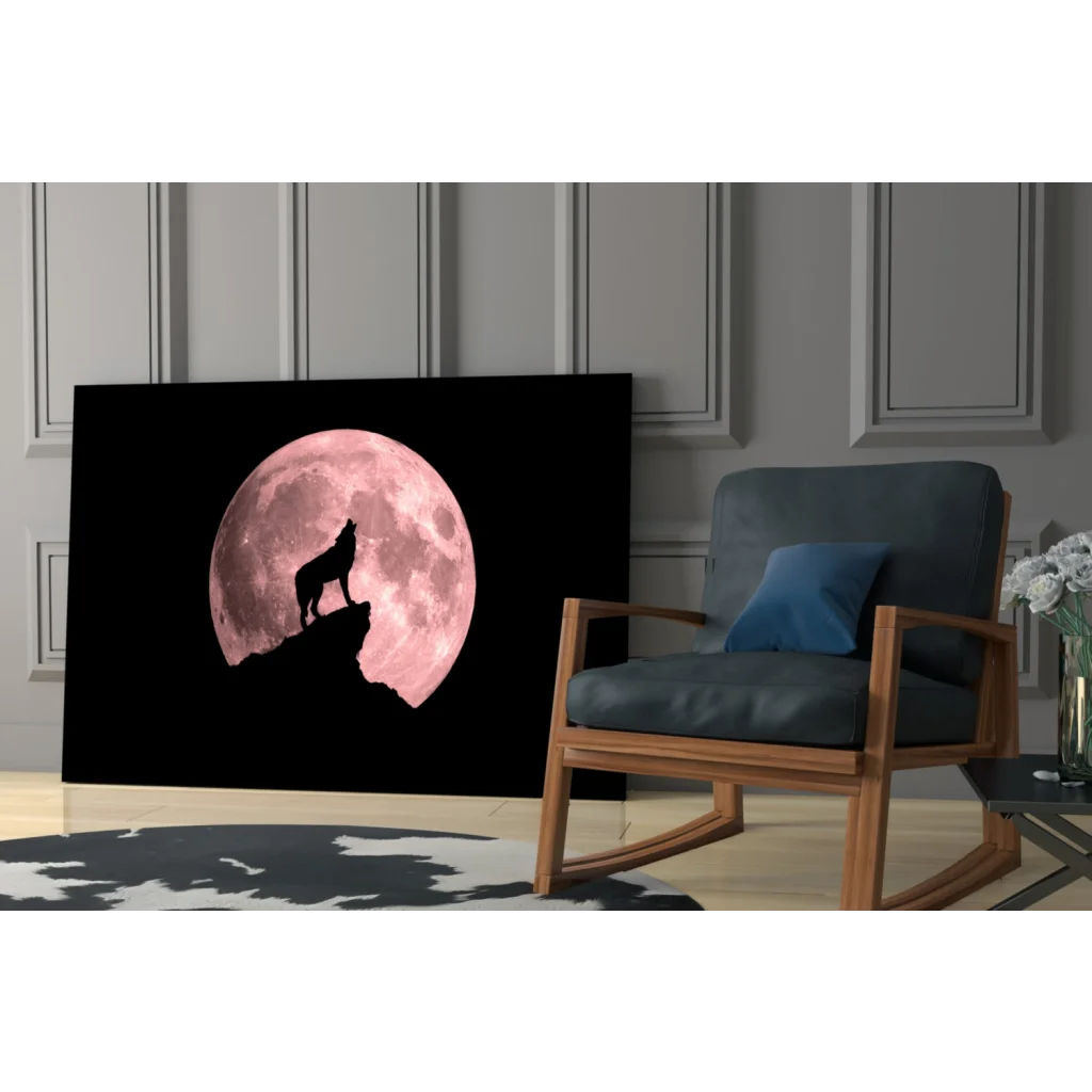 Black howling wolf silhouette on pink moon canvas wall art