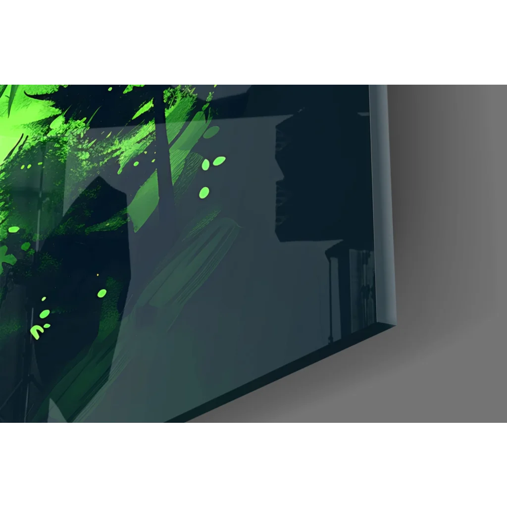 Glowing green wolf glass wall art silhouette in neon forest vibes