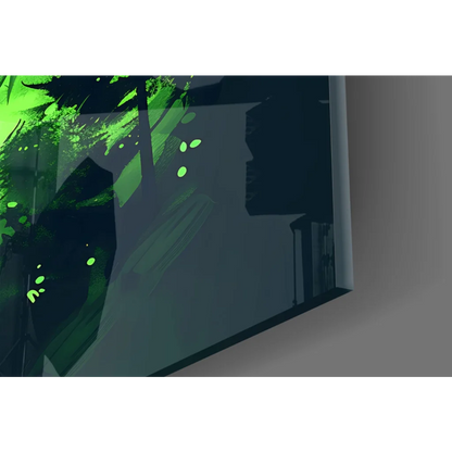 Glowing green wolf glass wall art silhouette in neon forest vibes