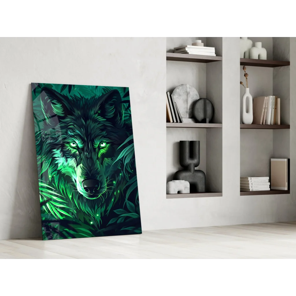 Fierce glowing wolf glass wall art with emerald eyes on canvas print