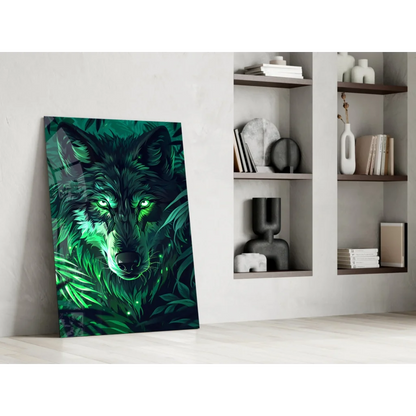 Fierce glowing wolf glass wall art with emerald eyes on canvas print