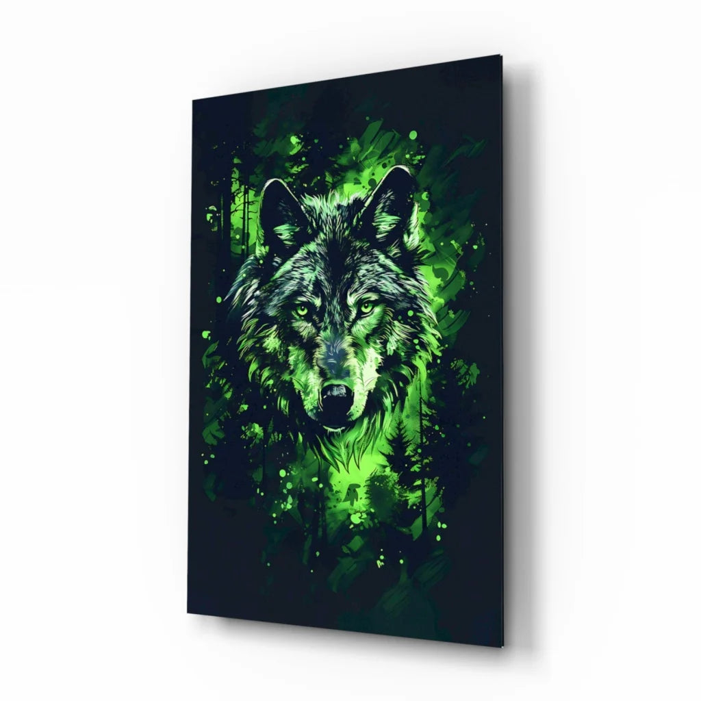 Glowing green wolf glass wall art with neon forest vibes