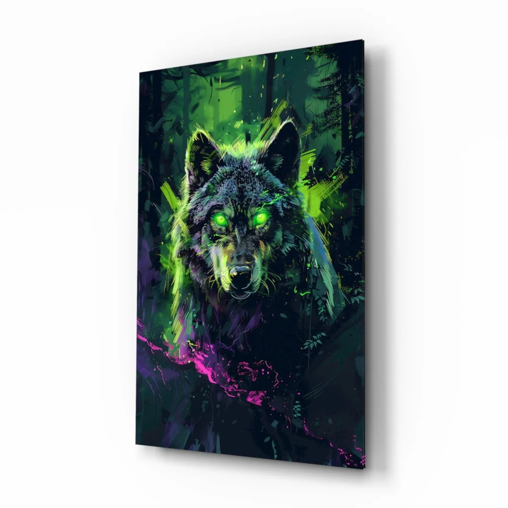 Neon Wolf Glass Wall Art with Glowing Green Eyes | Insigneart USA | vintageantiquesgifts.com