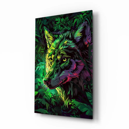 Vibrant neon wolf glass wall art with glowing yellow eyes on dark jungle background