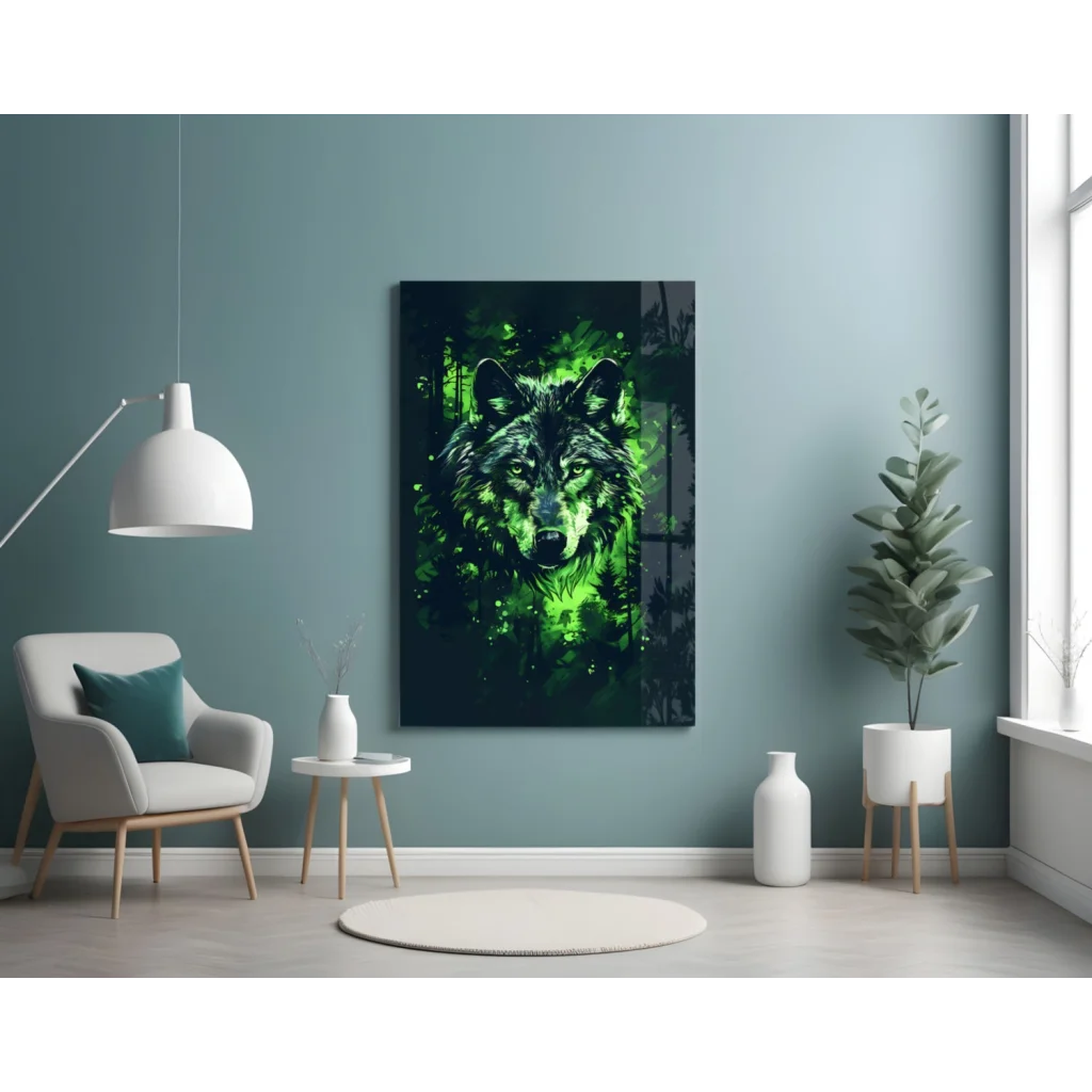 Vibrant green wolf glass wall art on teal wall with neon forest vibes