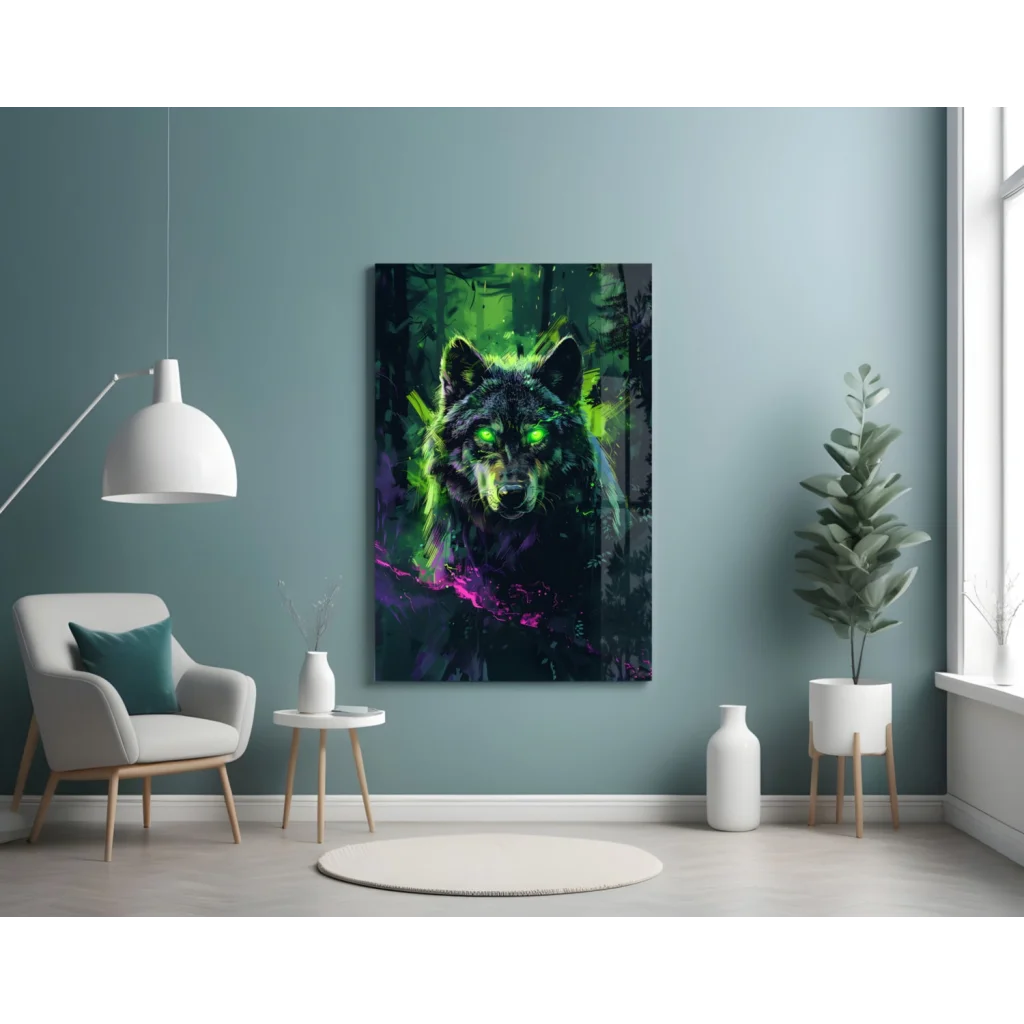 Neon Wolf Glass Wall Art with Glowing Green Eyes | Contemporary Home Wall Art | vintageantiquesgifts.com