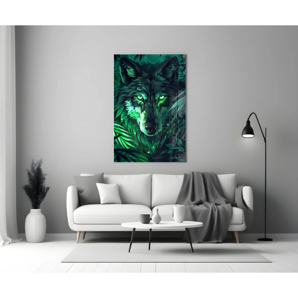 Fierce glowing wolf glass wall art with emerald eyes on luminous green foliage