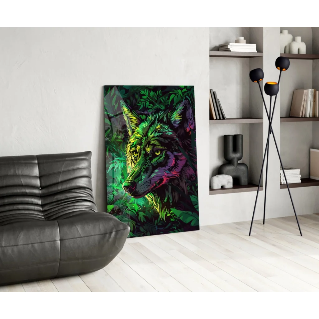 Vibrant neon-green and purple wolf glass wall art with glowing eyes