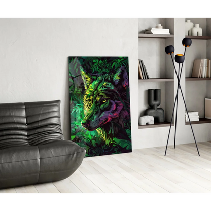 Vibrant neon-green and purple wolf glass wall art with glowing eyes