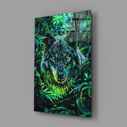 Neon Wolf Glass Wall Art with Glowing Eyes | Glass Wall Art Print | vintageantiquesgifts.com