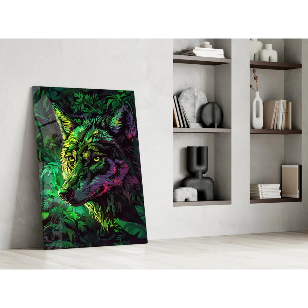 Neon wolf glass wall art with glowing eyes on canvas against white wall