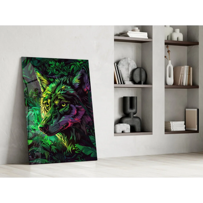 Neon wolf glass wall art with glowing eyes on canvas against white wall