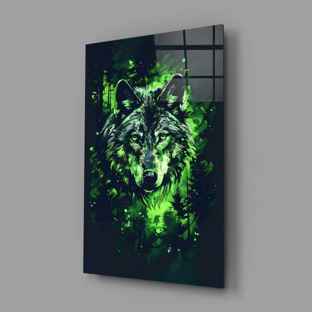 Vibrant green wolf glass wall art with neon forest vibes on glossy acrylic panel