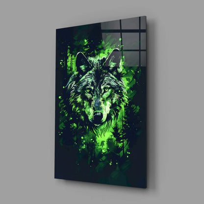 Vibrant green wolf glass wall art with neon forest vibes on glossy acrylic panel