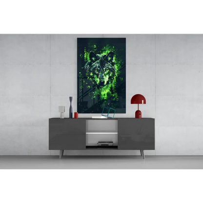 Vibrant green wolf glass wall art on gray console table