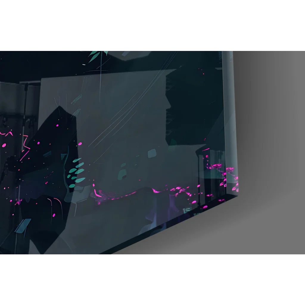 Neon Wolf glass wall art with glowing green eyes and vibrant pink teal streaks