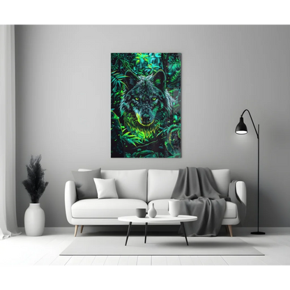 Neon Wolf Glass Wall Art with Glowing Eyes | Modern Wall Art Decor | vintageantiquesgifts.com