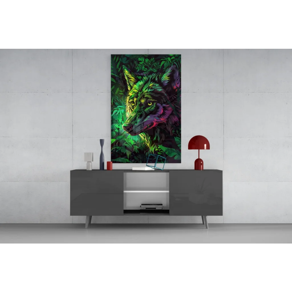 Neon wolf glass wall art with glowing eyes on canvas above gray console