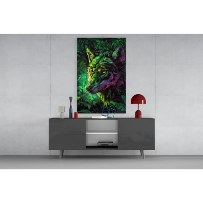 Neon wolf glass wall art with glowing eyes on canvas above gray console