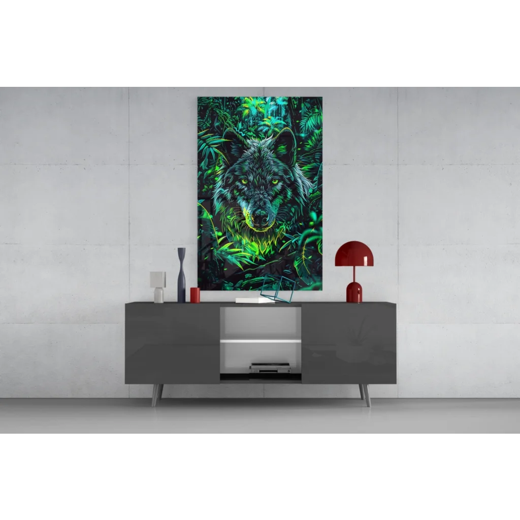 Vibrant neon green and black wolf glass wall art with glowing eyes