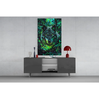 Vibrant neon green and black wolf glass wall art with glowing eyes