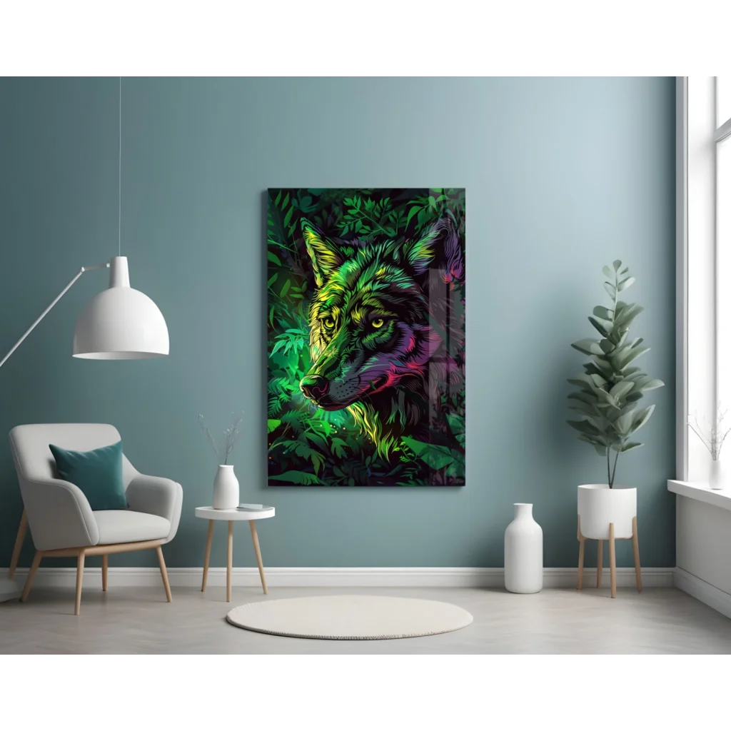 Neon wolf glass wall art with glowing eyes on teal wall