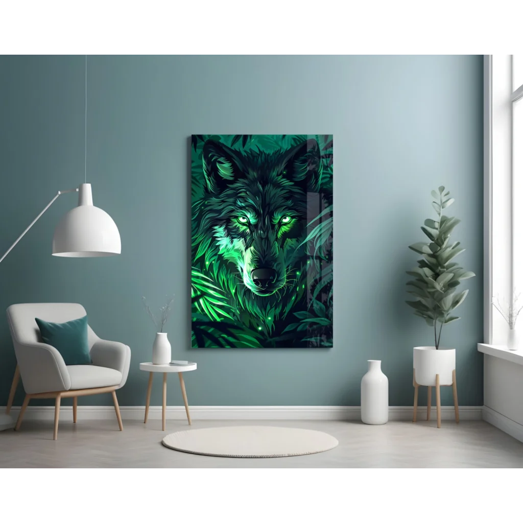 Vibrant green neon wolf glass wall art with glowing emerald eyes