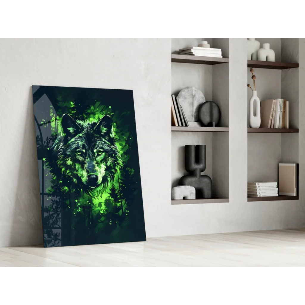 Vivid green glowing wolf glass wall art with neon forest vibes