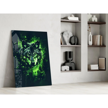 Vivid green glowing wolf glass wall art with neon forest vibes