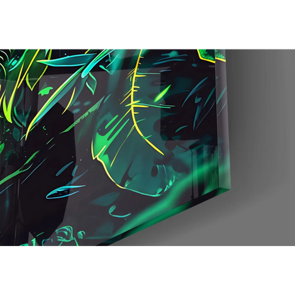 Vibrant neon green and yellow wolf glass wall art with glowing eyes