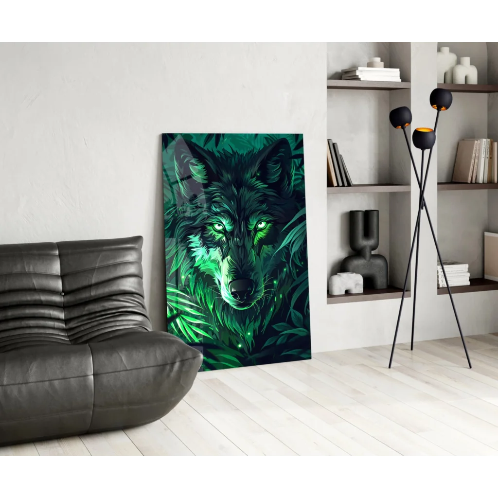 Vibrant glowing wolf glass wall art with emerald eyes and leafy design