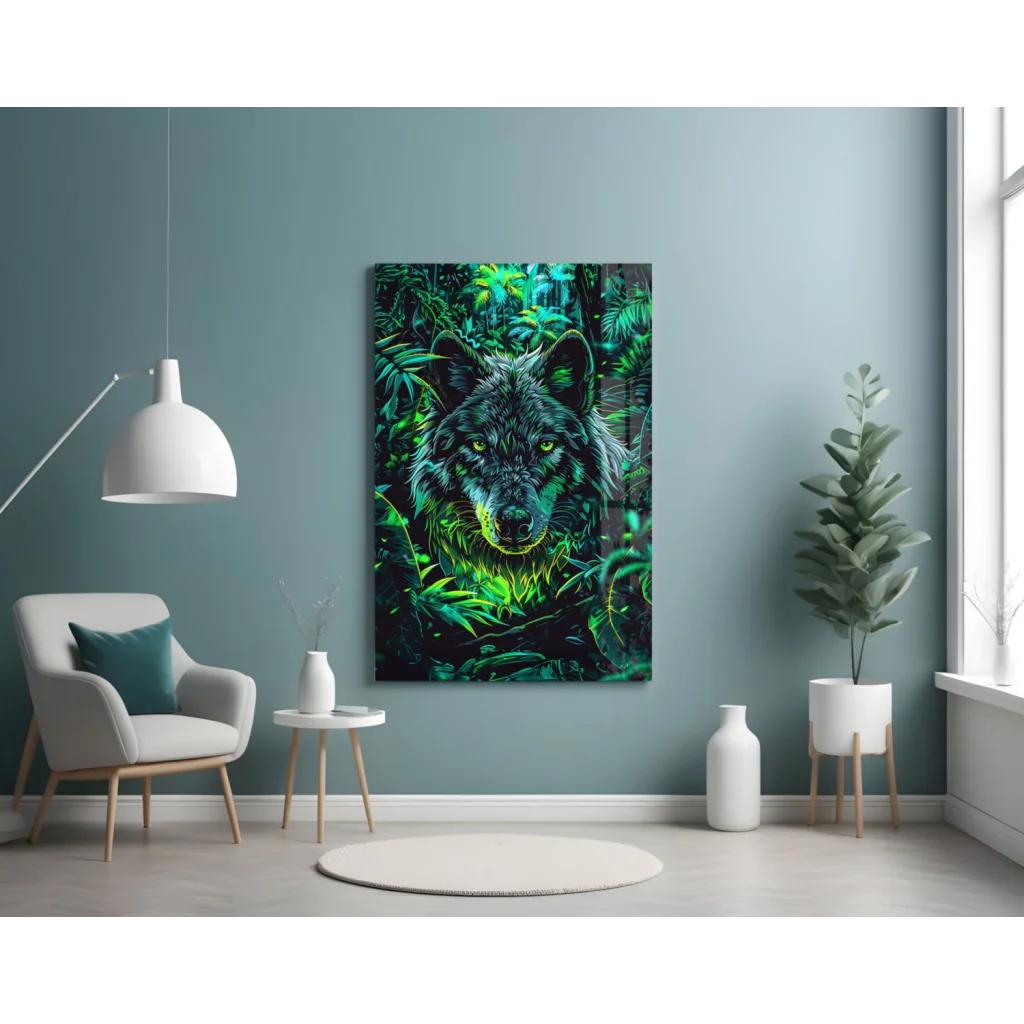 Neon Wolf Glass Wall Art with Glowing Eyes | Contemporary Home Wall Art | vintageantiquesgifts.com